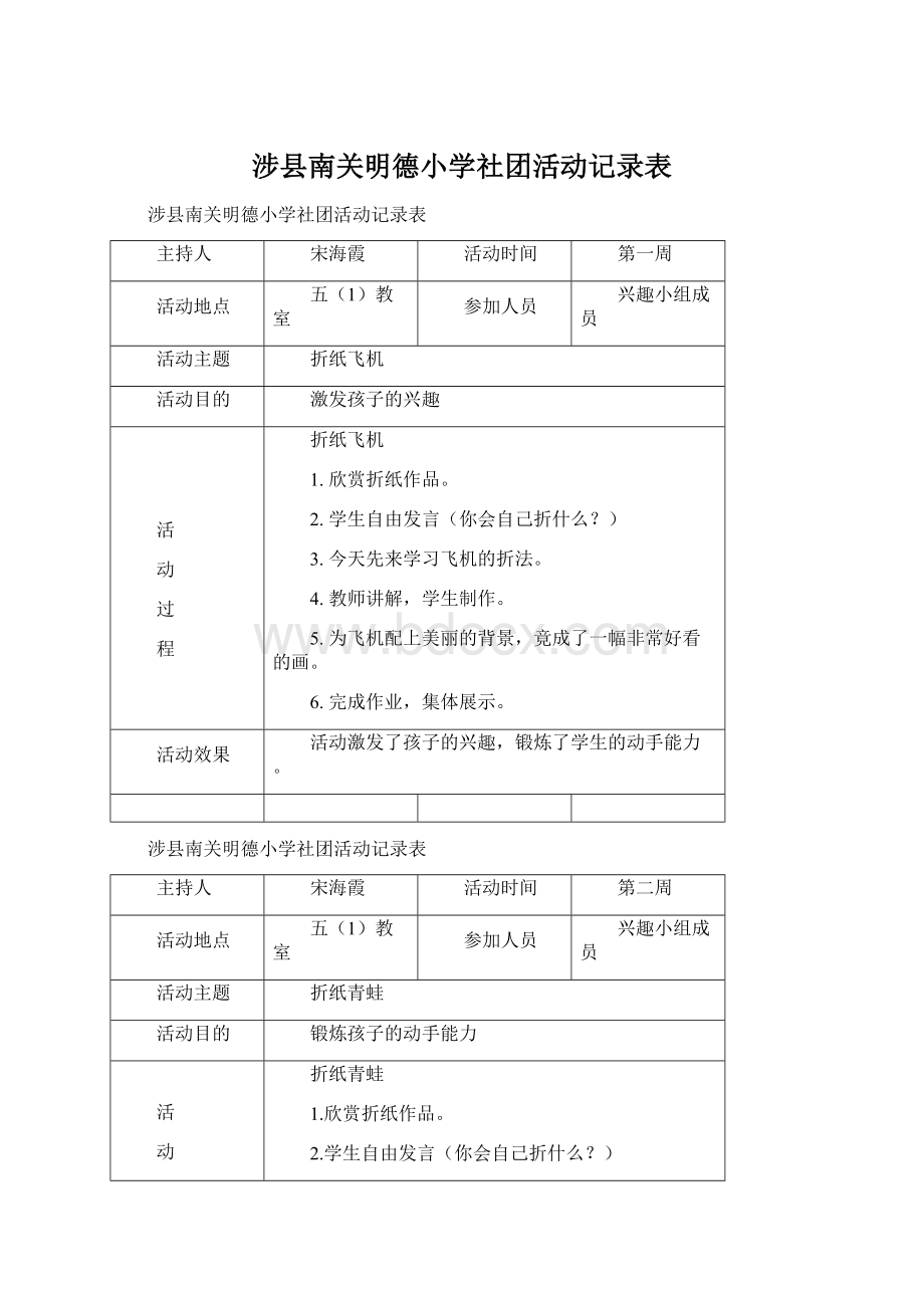 涉县南关明德小学社团活动记录表文档格式.docx