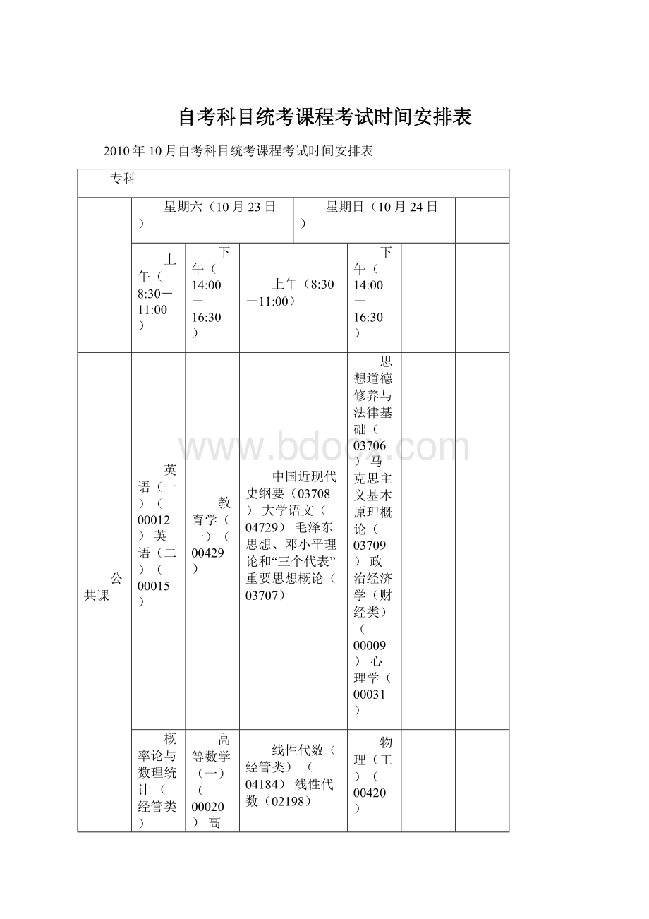 自考科目统考课程考试时间安排表Word格式文档下载.docx