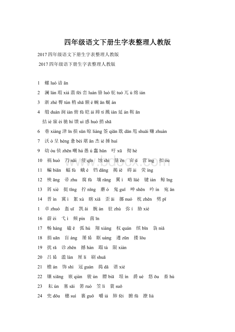 四年级语文下册生字表整理人教版Word文档格式.docx_第1页