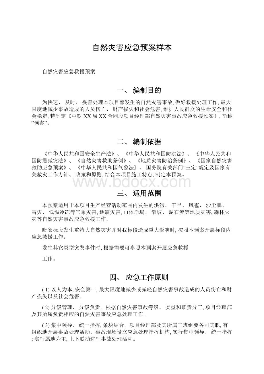 自然灾害应急预案样本.docx_第1页