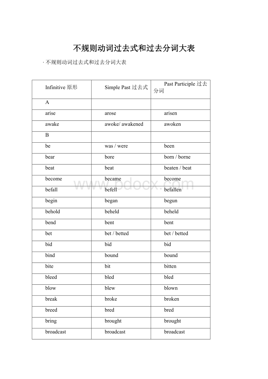 不规则动词过去式和过去分词大表Word格式.docx