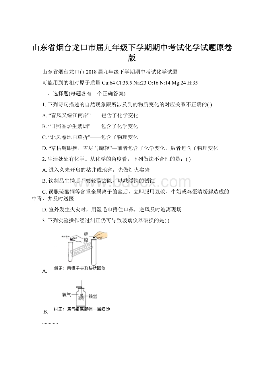 山东省烟台龙口市届九年级下学期期中考试化学试题原卷版.docx_第1页