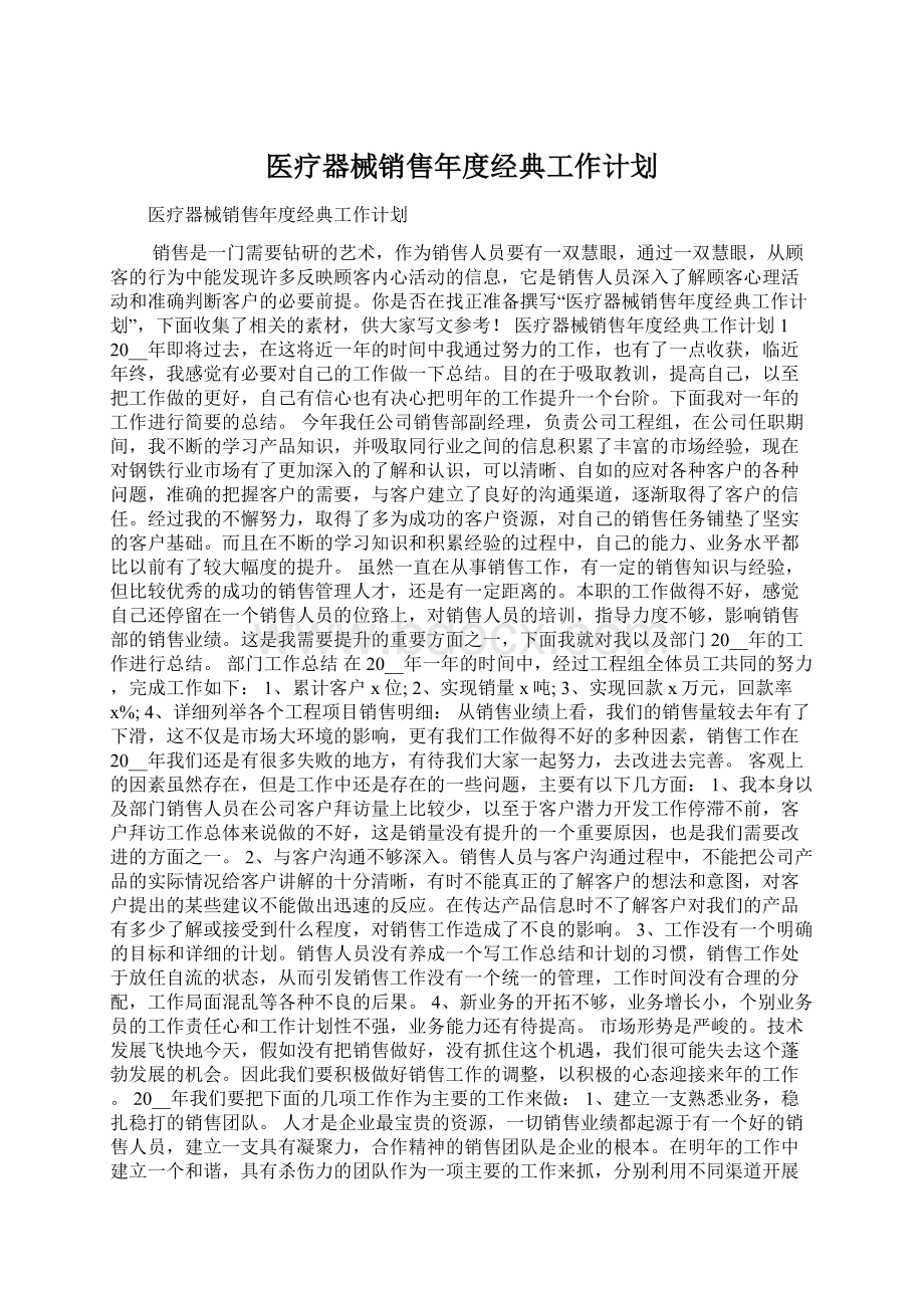 医疗器械销售年度经典工作计划文档格式.docx