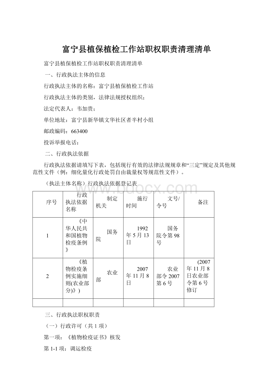 富宁县植保植检工作站职权职责清理清单Word文档格式.docx