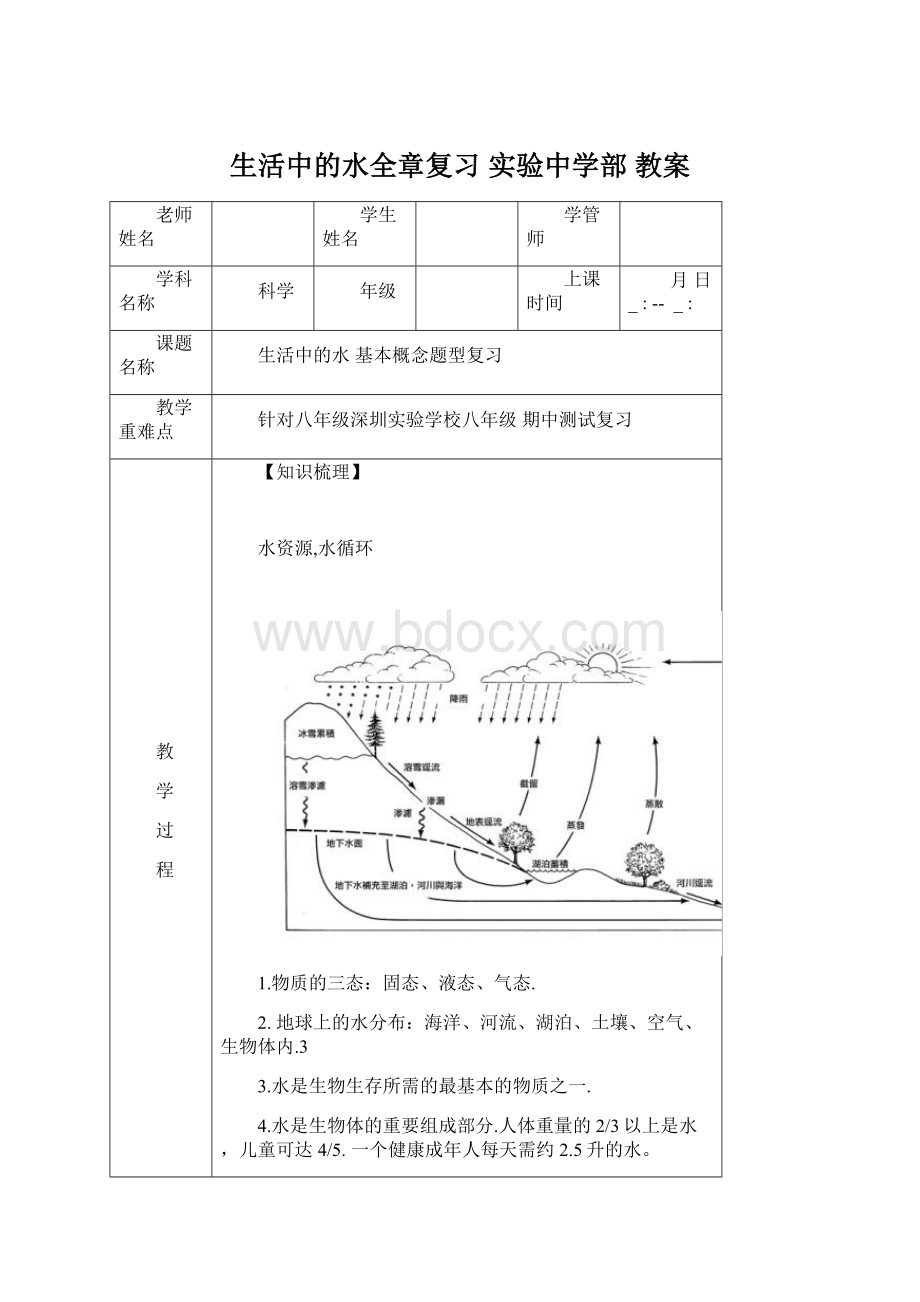 生活中的水全章复习 实验中学部教案Word下载.docx