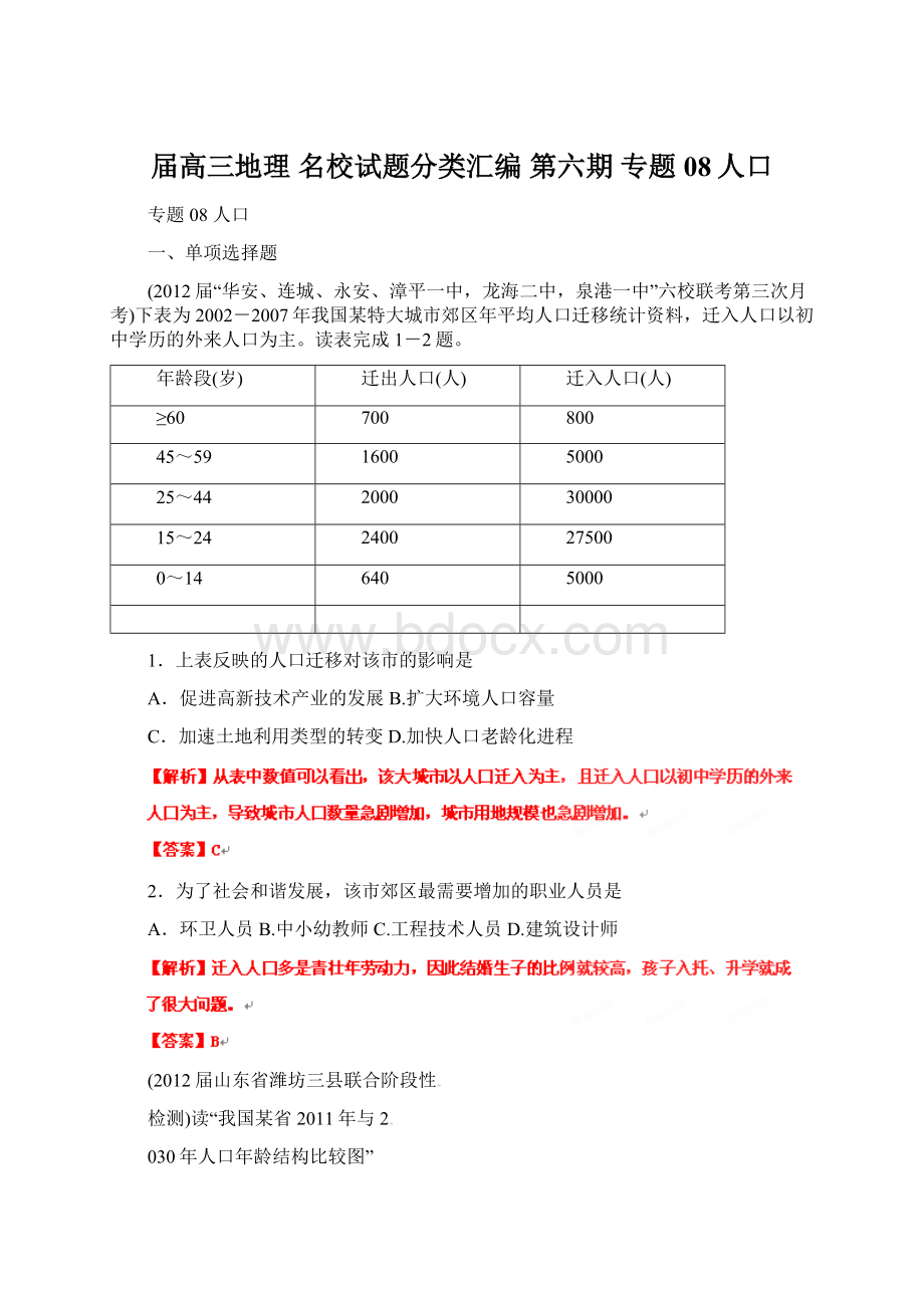 届高三地理 名校试题分类汇编 第六期 专题08人口.docx