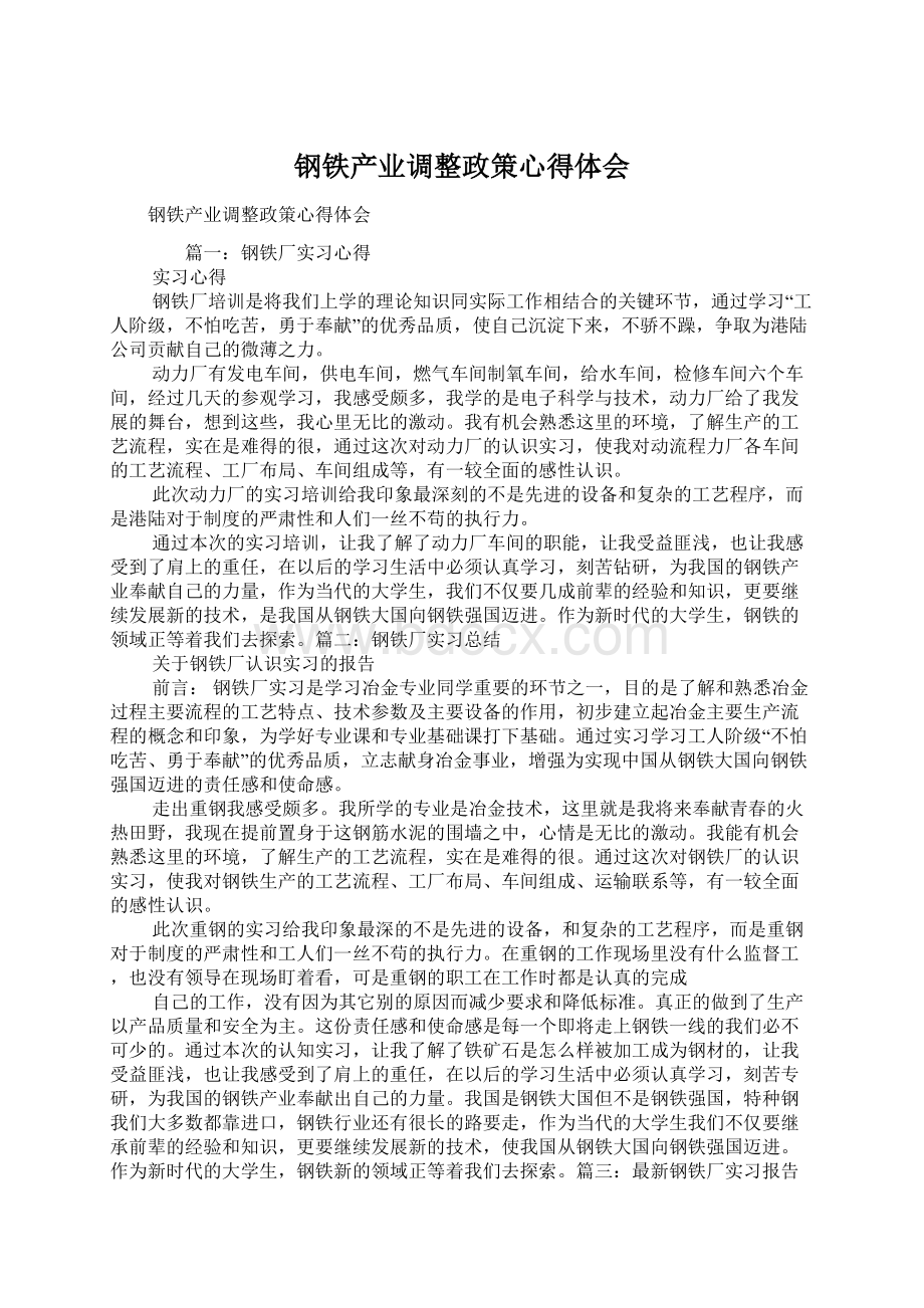 钢铁产业调整政策心得体会Word文档下载推荐.docx