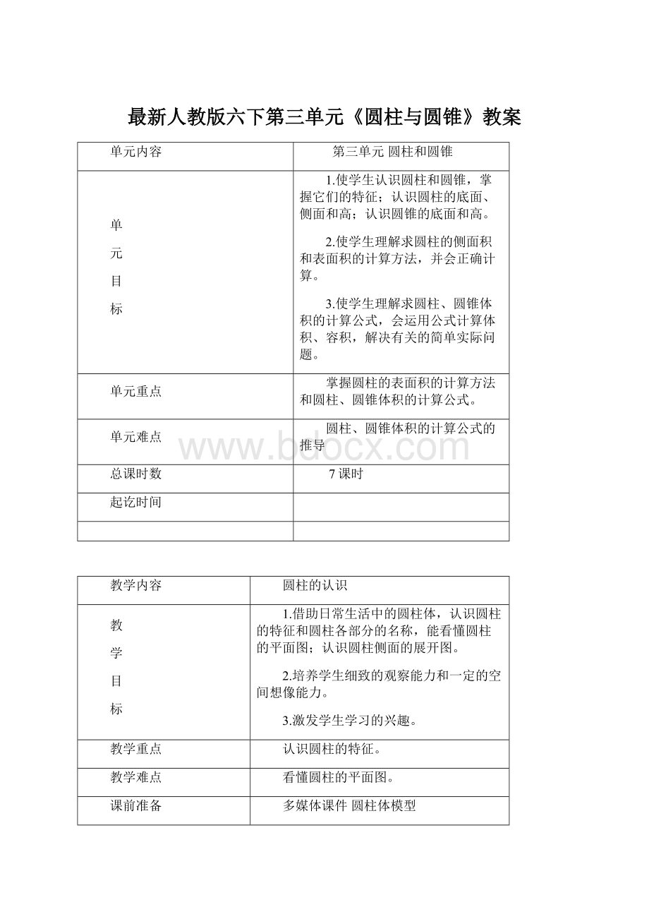 最新人教版六下第三单元《圆柱与圆锥》教案.docx