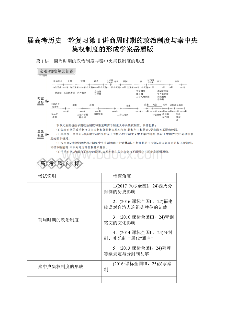 届高考历史一轮复习第1讲商周时期的政治制度与秦中央集权制度的形成学案岳麓版Word下载.docx