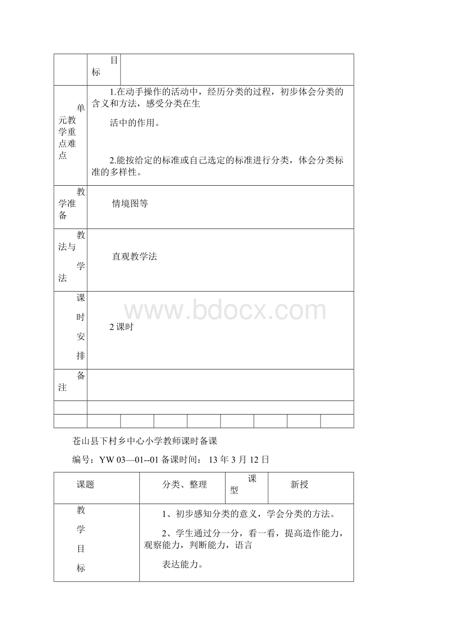 人教版小学一年级数学下册第三单元分类与整理教案Word文档下载推荐.docx_第2页