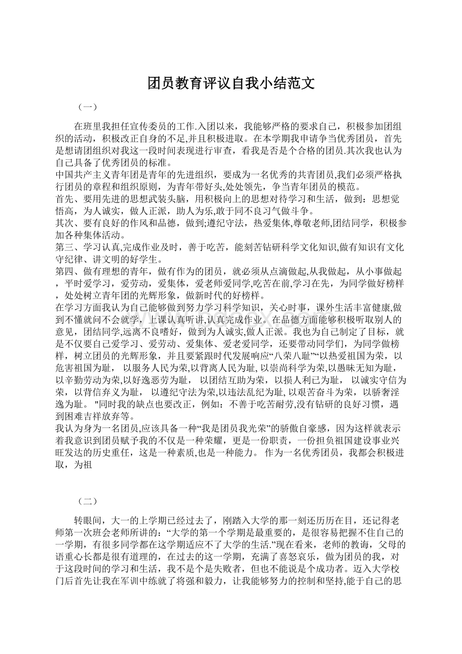 团员教育评议自我小结范文Word文档格式.docx