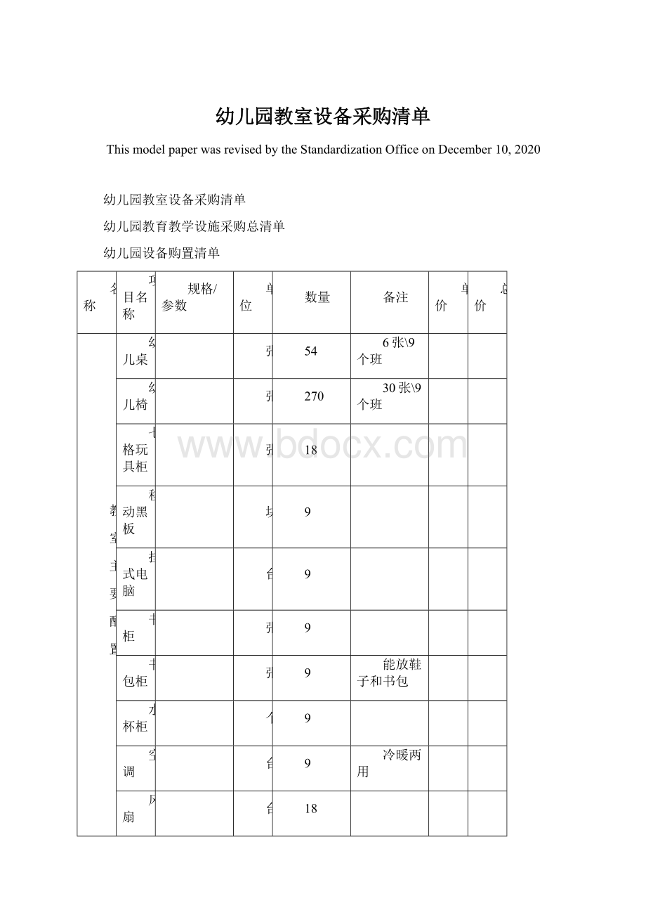 幼儿园教室设备采购清单.docx_第1页