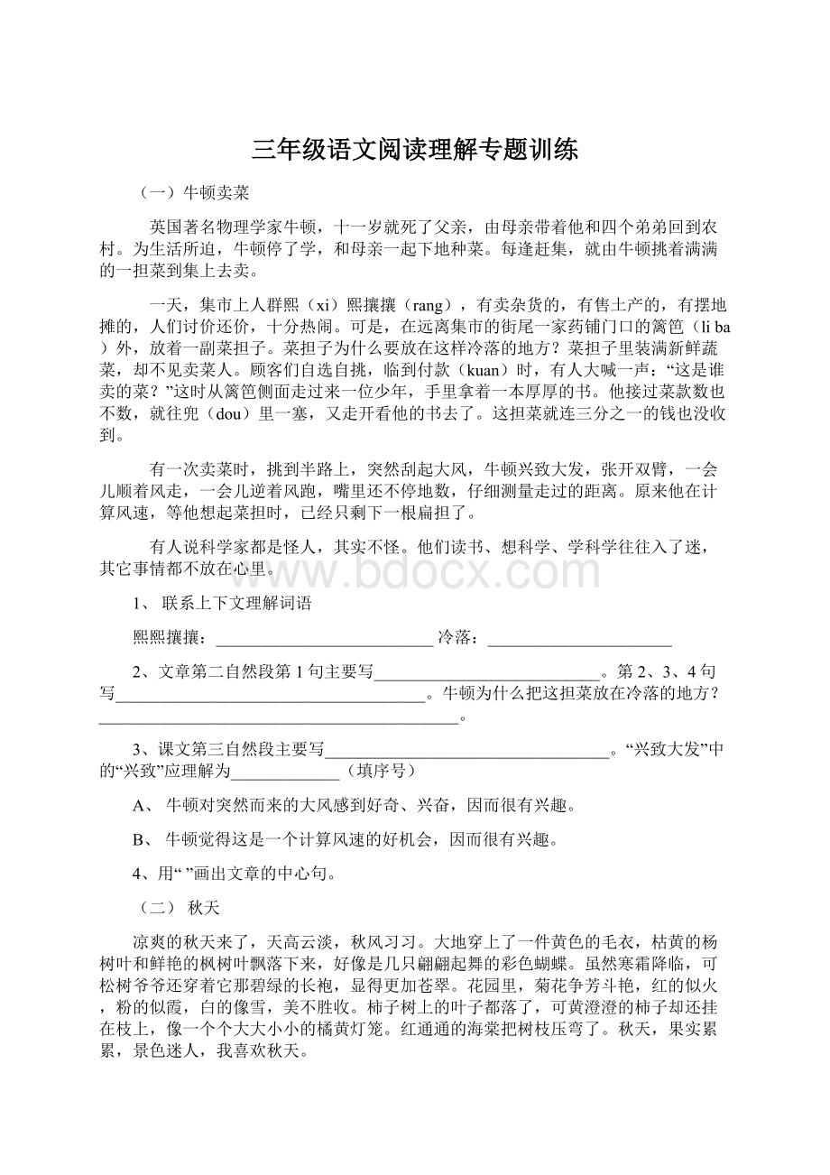 三年级语文阅读理解专题训练Word下载.docx