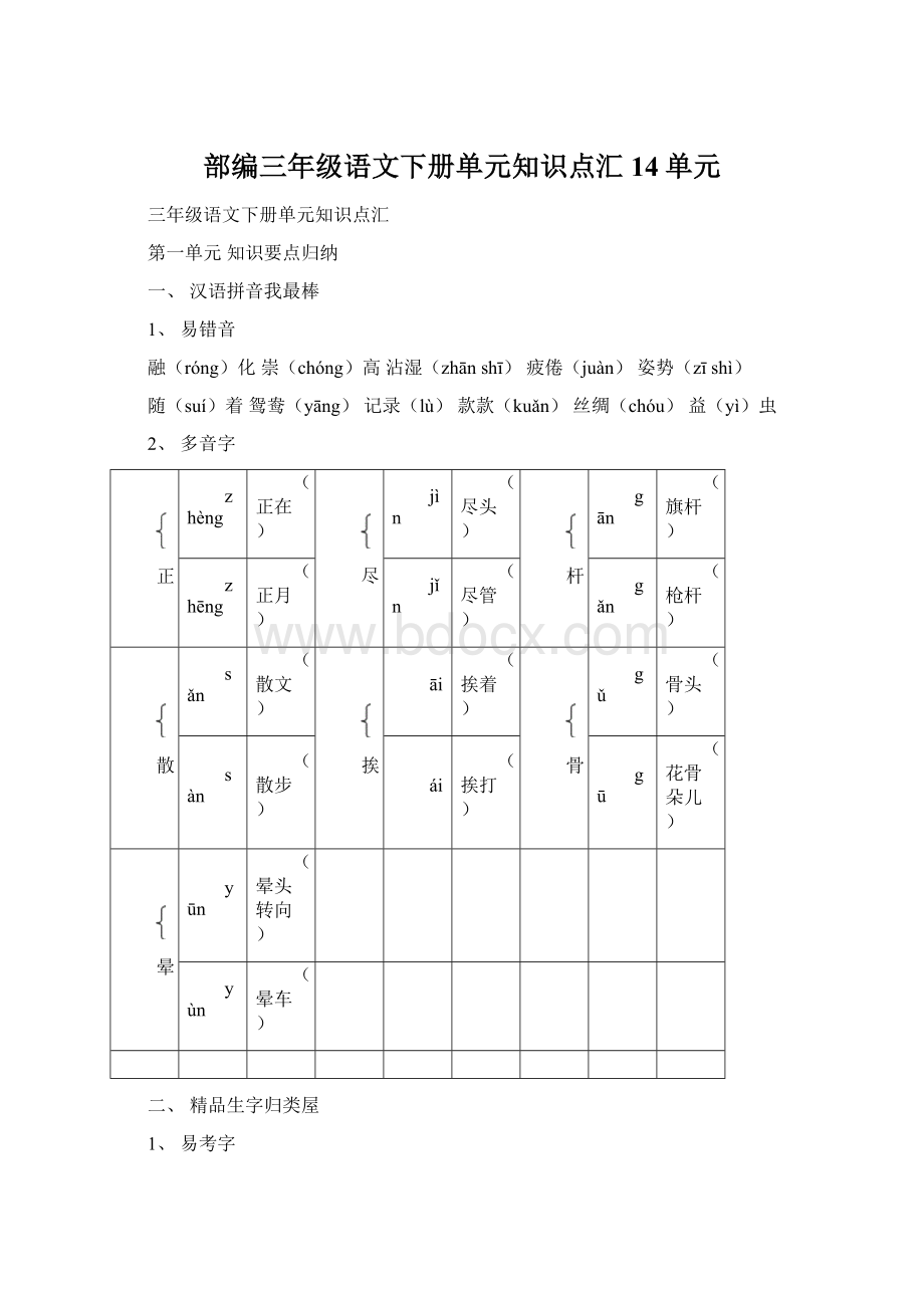 部编三年级语文下册单元知识点汇14单元Word格式.docx