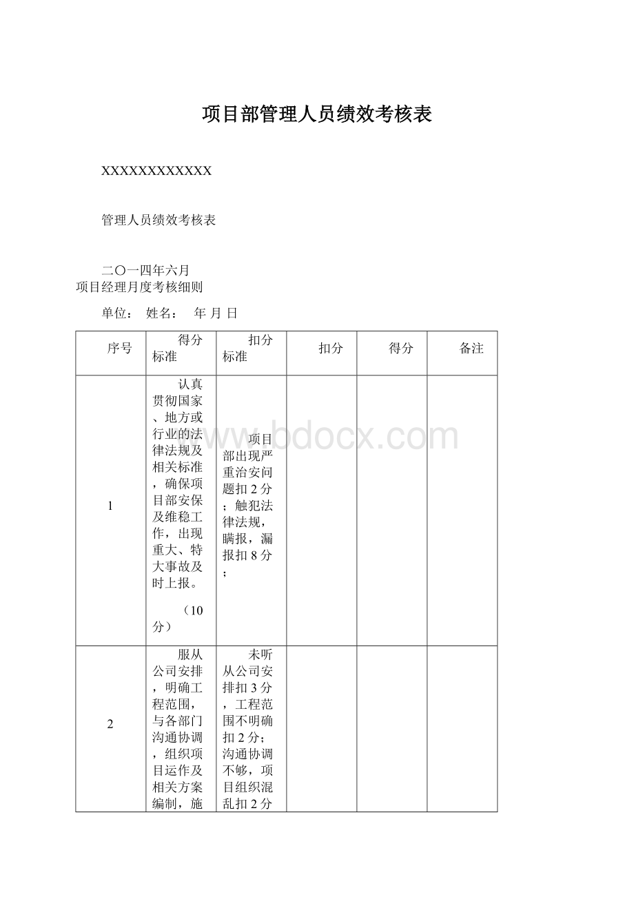 项目部管理人员绩效考核表Word格式文档下载.docx