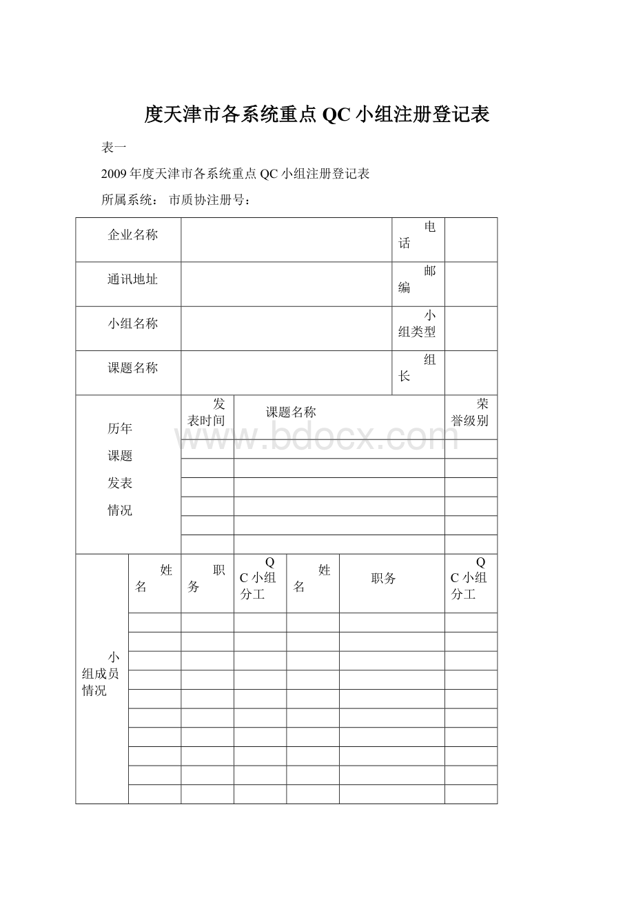 度天津市各系统重点QC小组注册登记表.docx_第1页