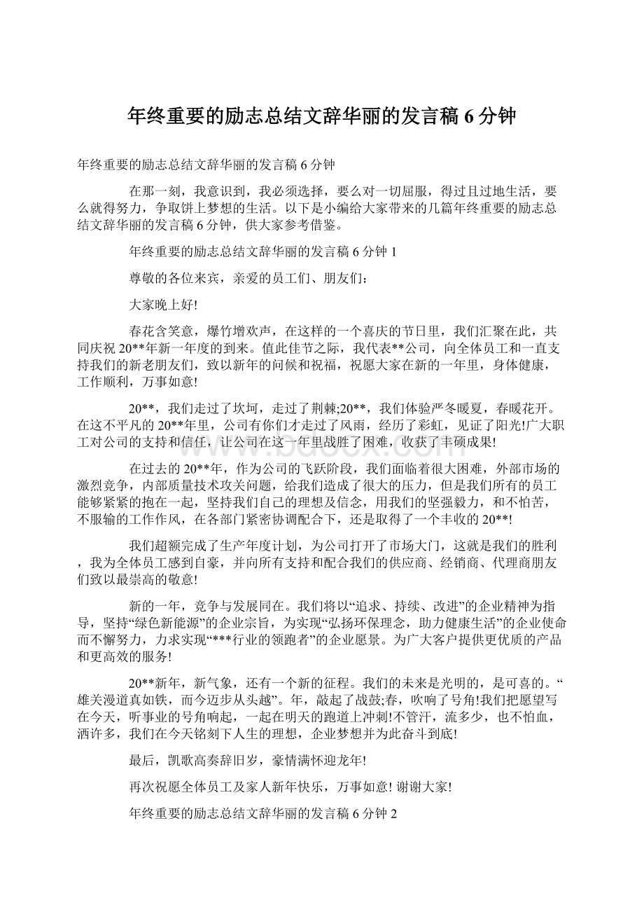 年终重要的励志总结文辞华丽的发言稿6分钟Word文档下载推荐.docx