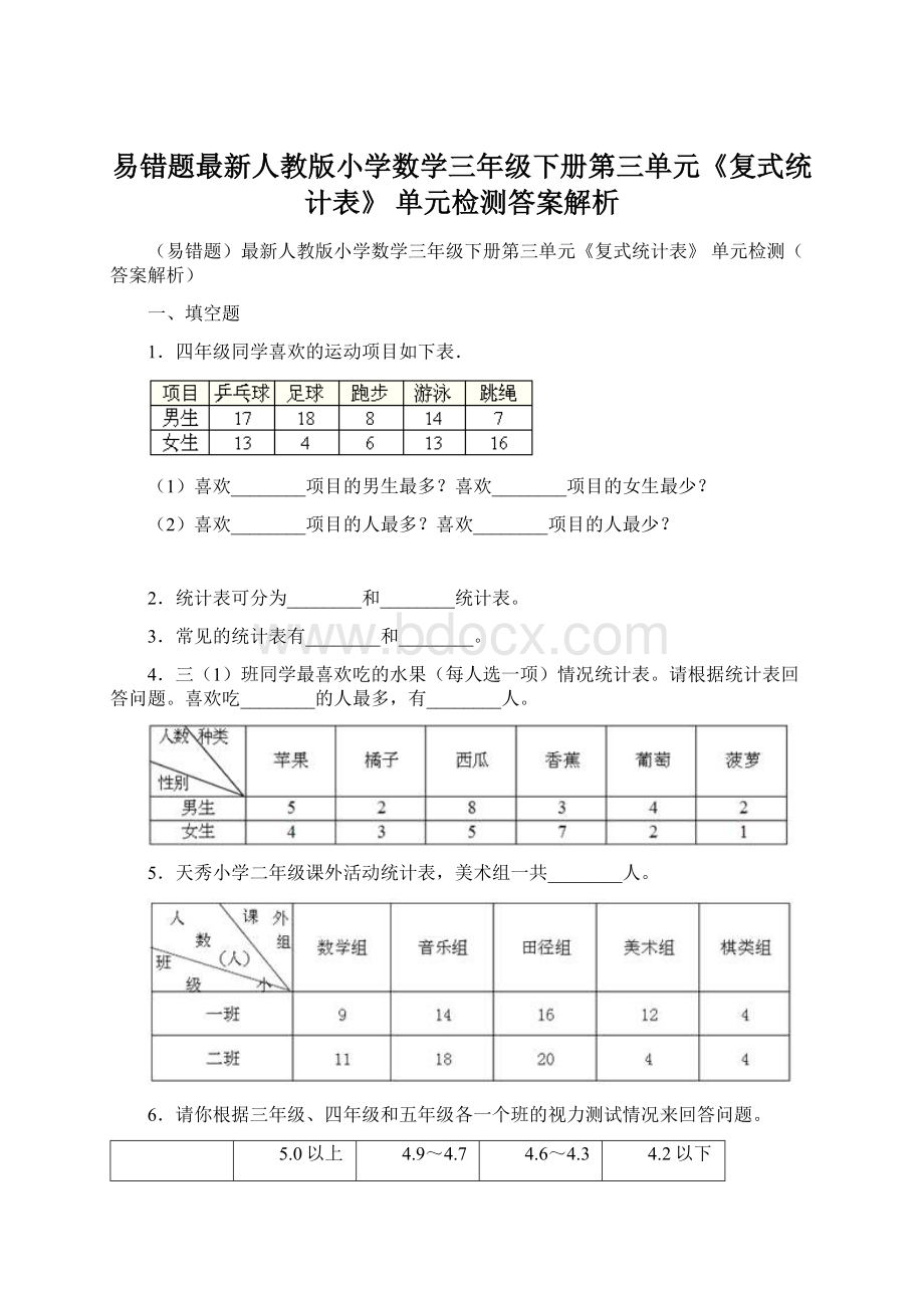 易错题最新人教版小学数学三年级下册第三单元《复式统计表》 单元检测答案解析.docx_第1页