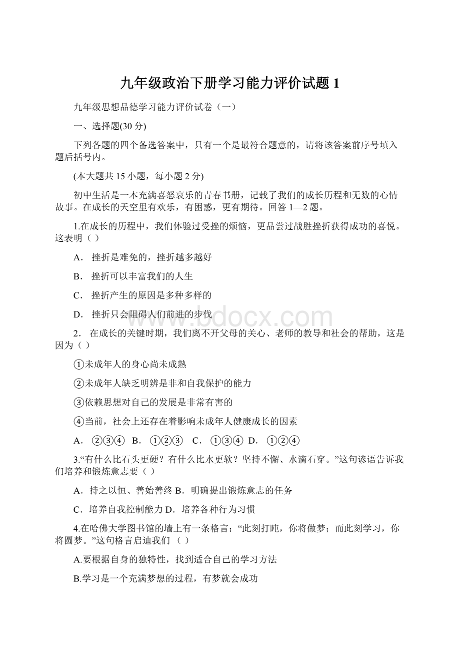 九年级政治下册学习能力评价试题1文档格式.docx_第1页