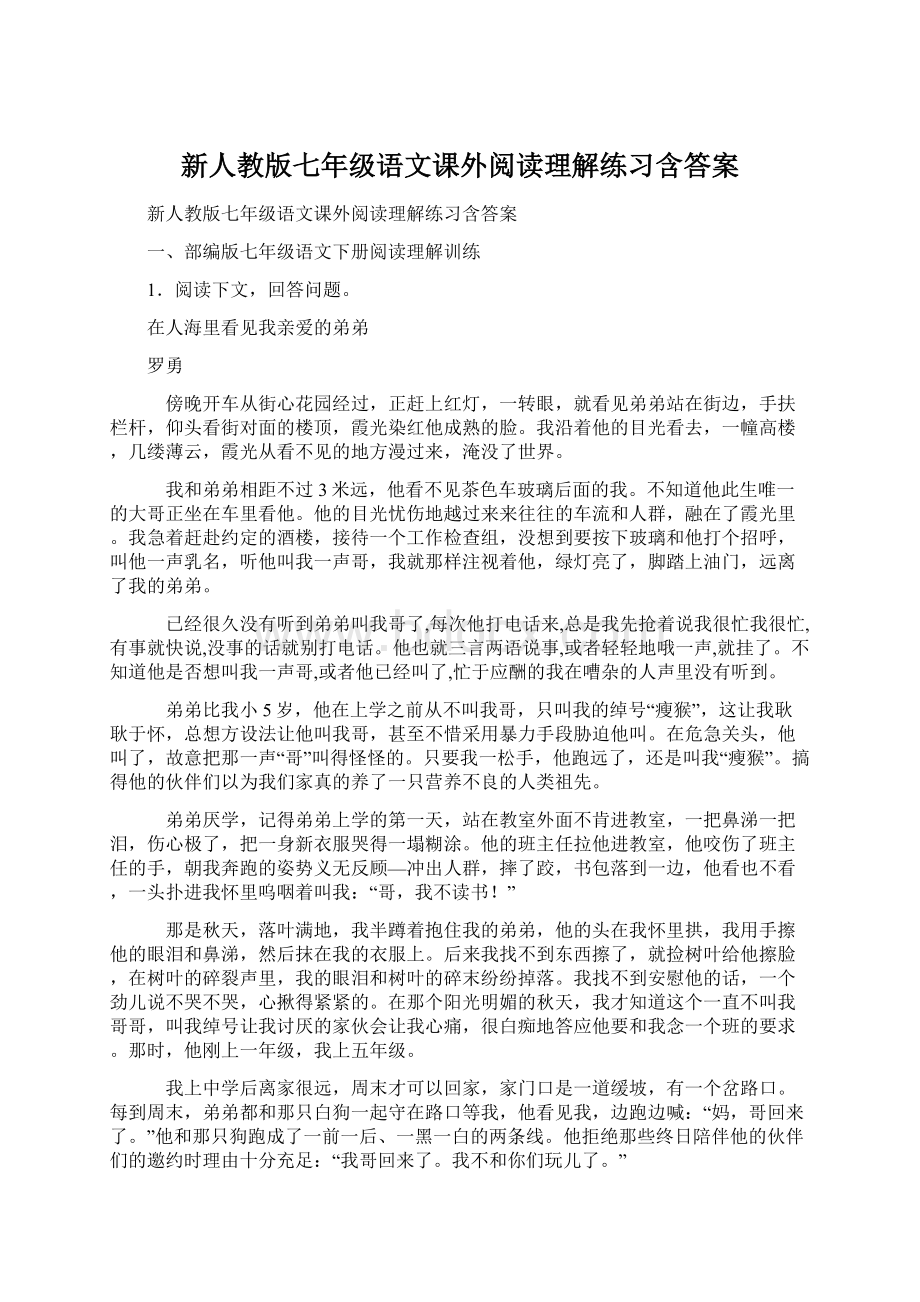 新人教版七年级语文课外阅读理解练习含答案.docx