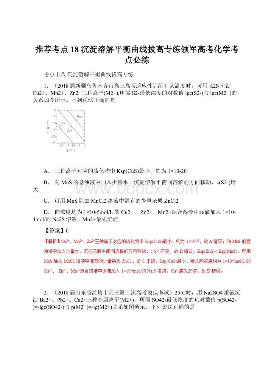 推荐考点18 沉淀溶解平衡曲线拔高专练领军高考化学考点必练.docx