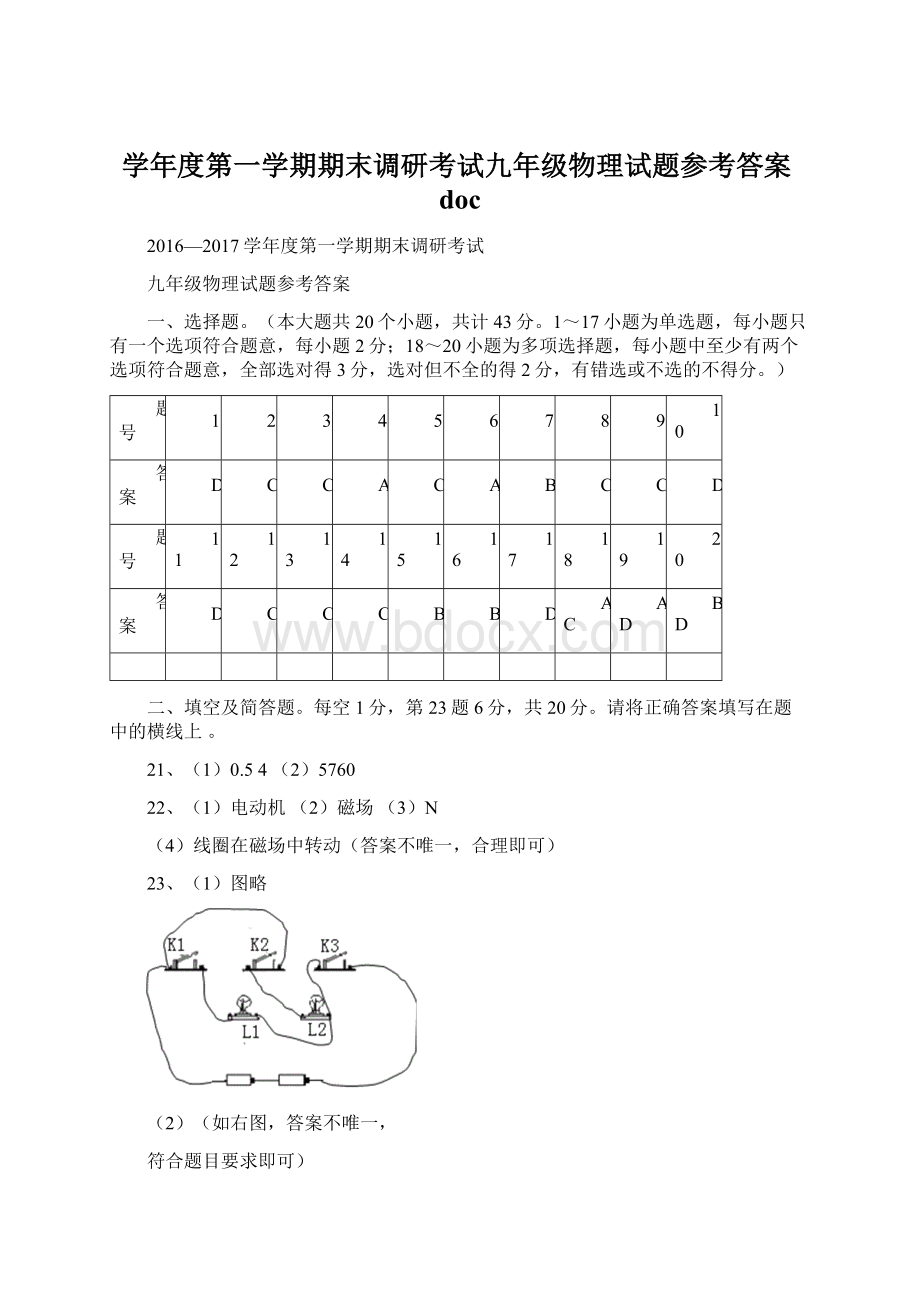 学年度第一学期期末调研考试九年级物理试题参考答案docWord格式文档下载.docx_第1页