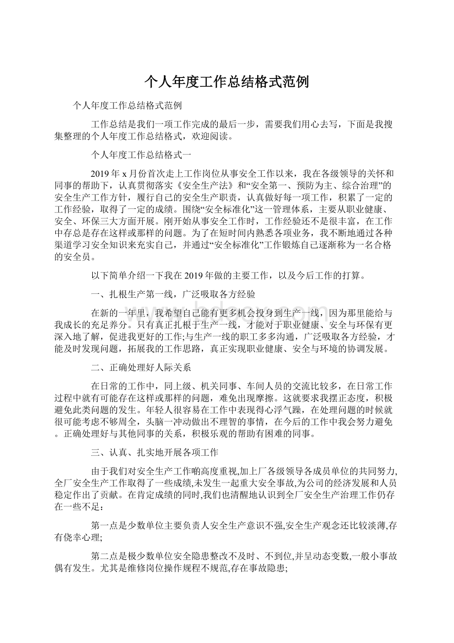 个人年度工作总结格式范例Word格式.docx_第1页