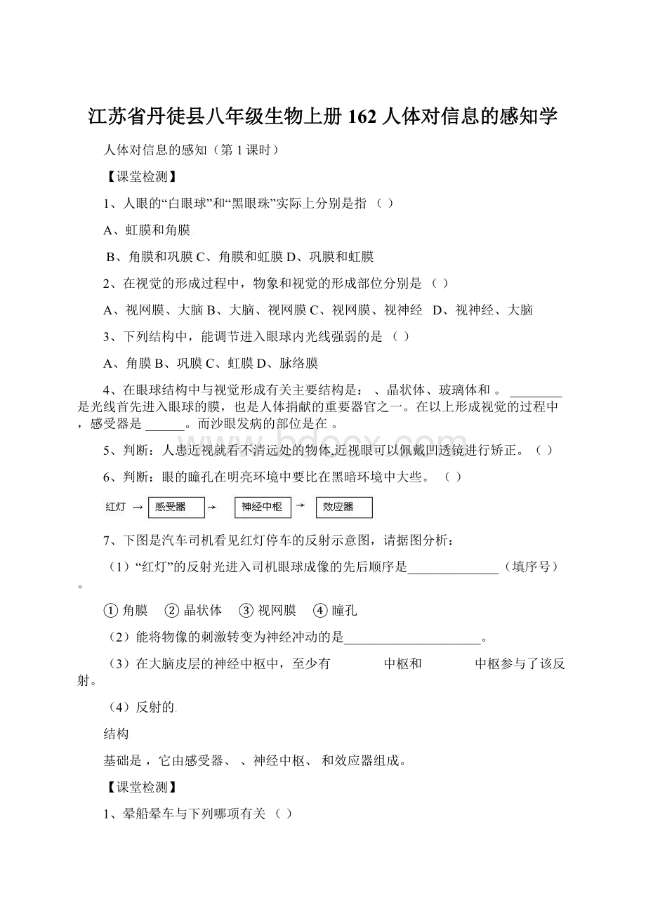 江苏省丹徒县八年级生物上册 162 人体对信息的感知学Word文件下载.docx_第1页