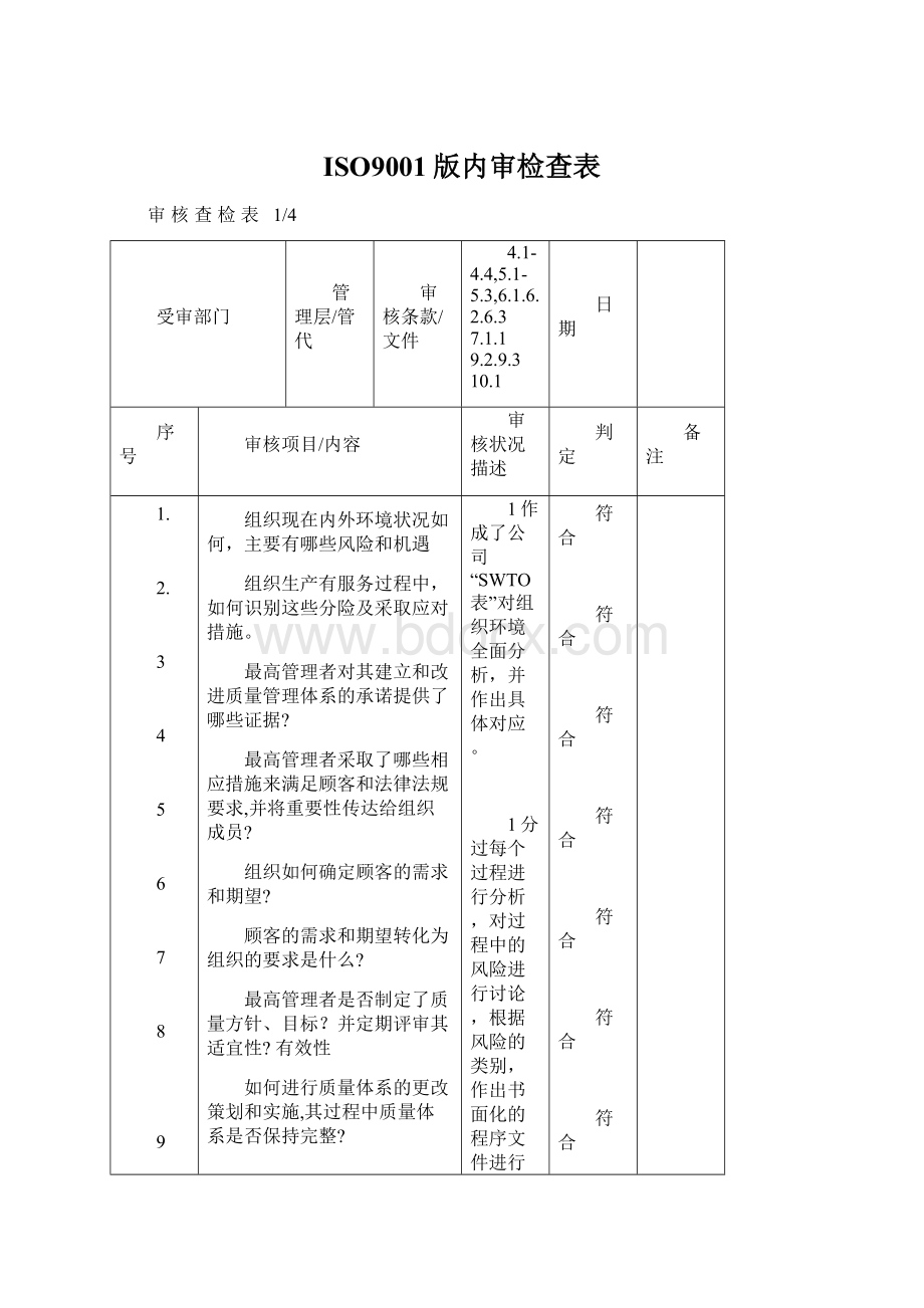 ISO9001版内审检查表.docx_第1页