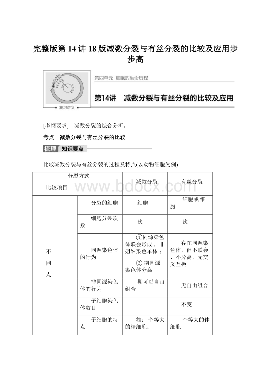 完整版第14讲18版减数分裂与有丝分裂的比较及应用步步高文档格式.docx_第1页