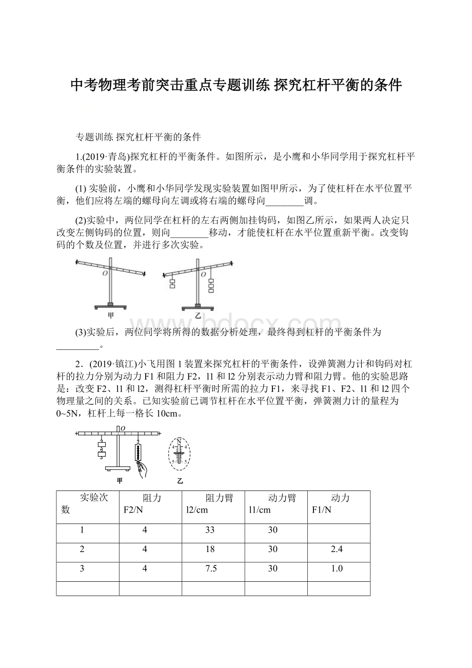 中考物理考前突击重点专题训练探究杠杆平衡的条件.docx_第1页