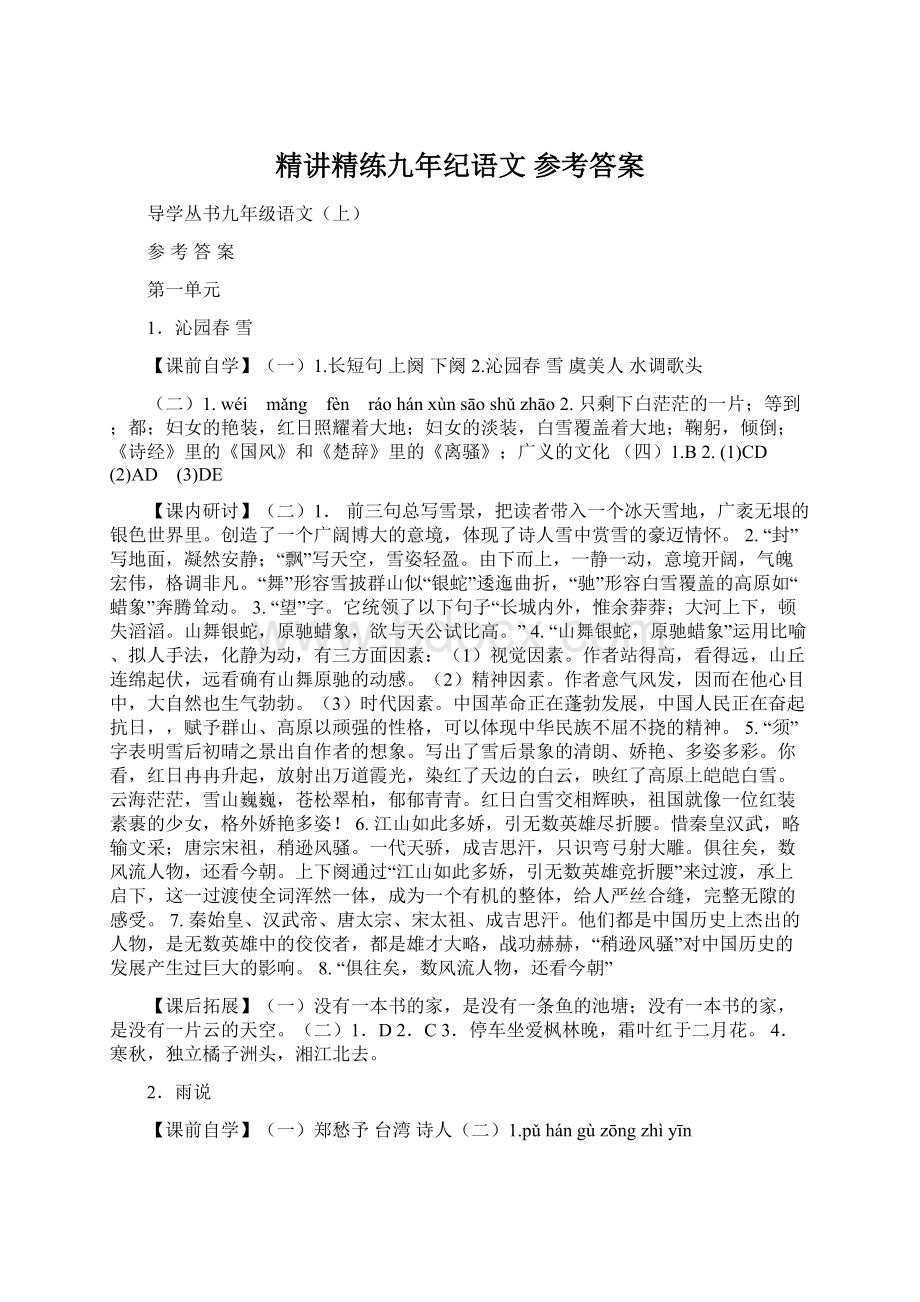 精讲精练九年纪语文 参考答案Word下载.docx_第1页