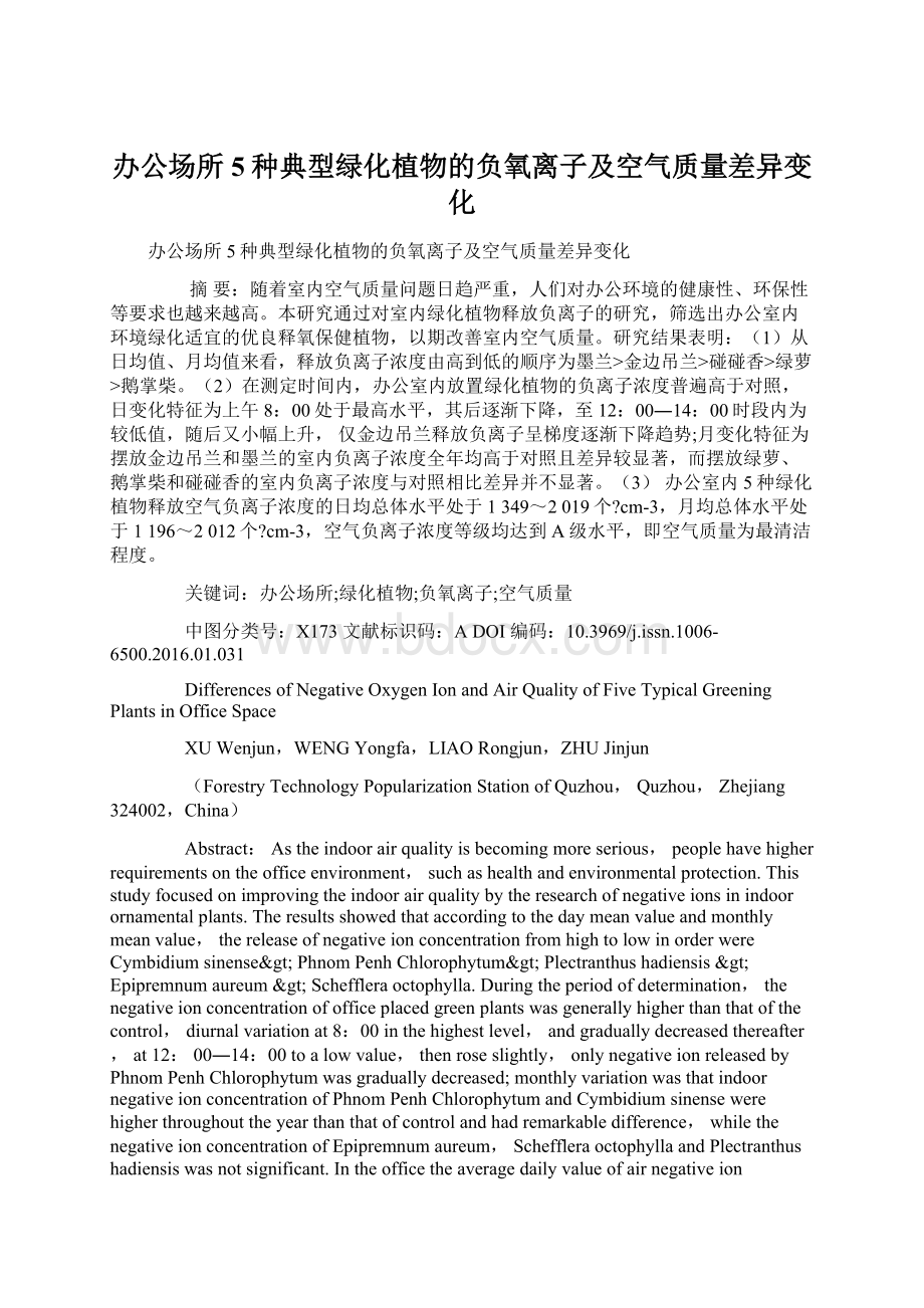 办公场所5种典型绿化植物的负氧离子及空气质量差异变化.docx_第1页