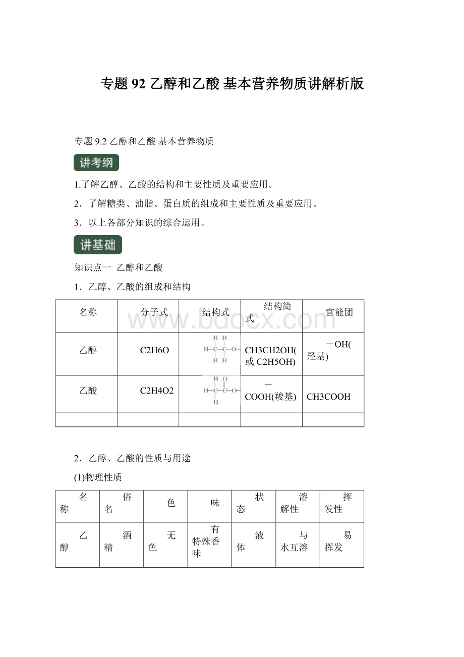 专题92 乙醇和乙酸基本营养物质讲解析版.docx