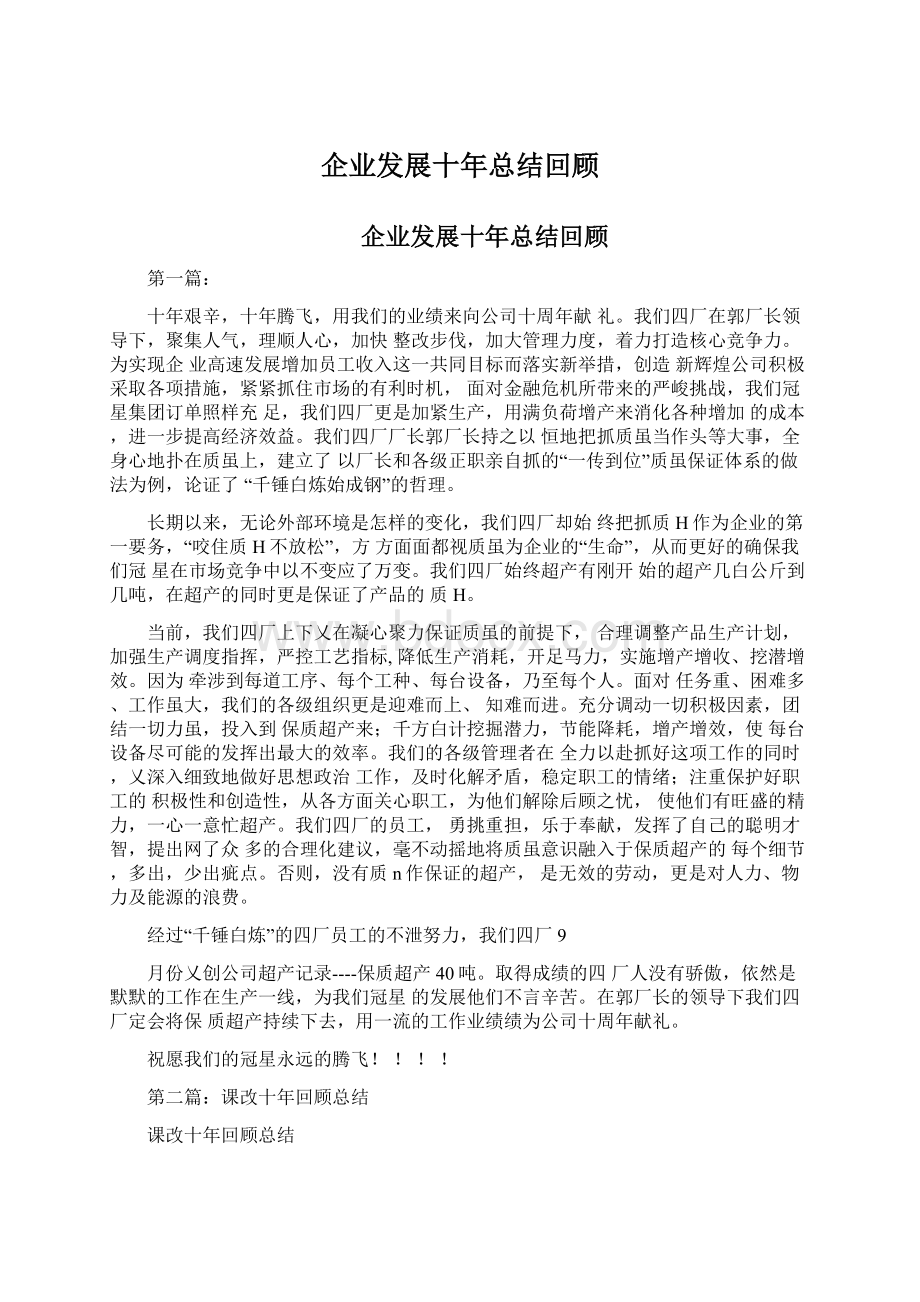 企业发展十年总结回顾文档格式.docx