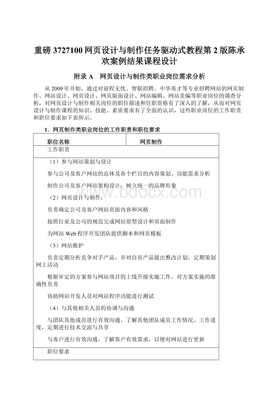 重磅3727100网页设计与制作任务驱动式教程第2版陈承欢案例结果课程设计文档格式.docx