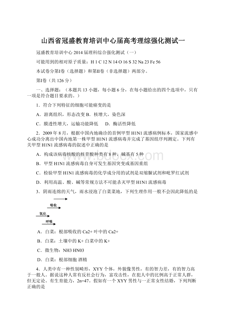 山西省冠盛教育培训中心届高考理综强化测试一Word文档下载推荐.docx