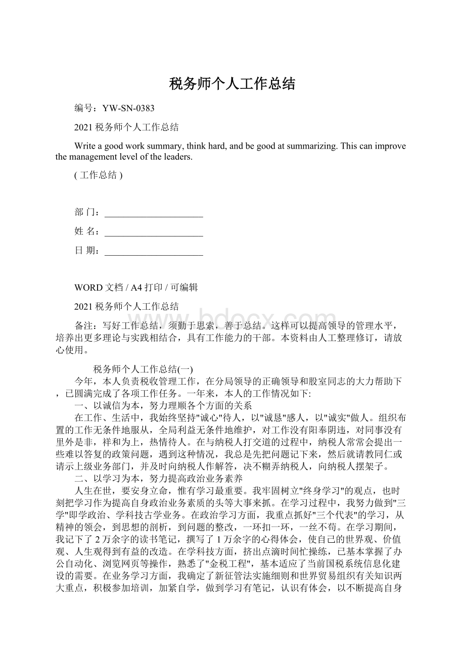 税务师个人工作总结Word格式.docx