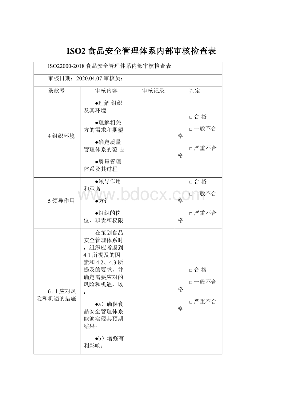 ISO2食品安全管理体系内部审核检查表Word格式.docx