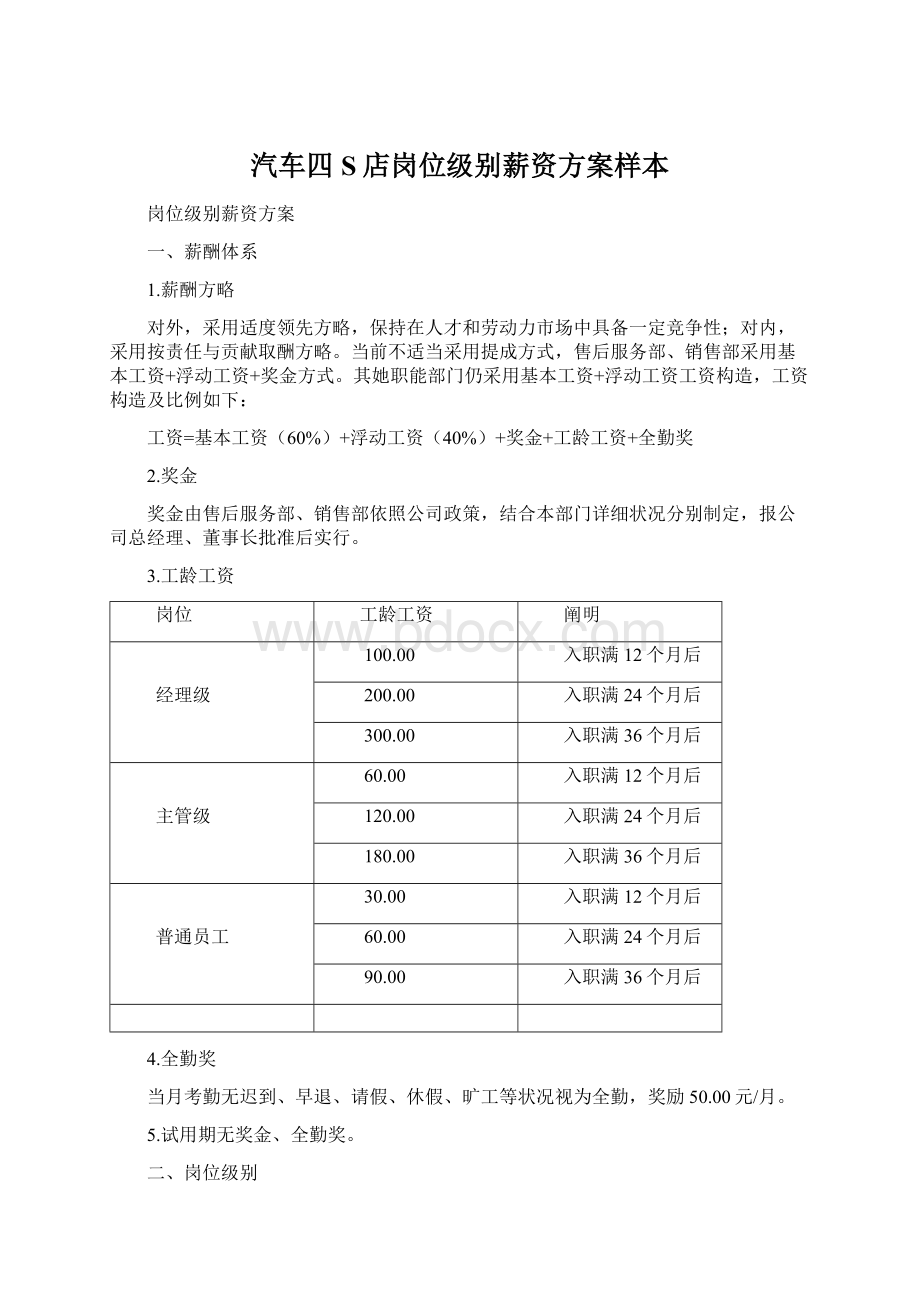 汽车四S店岗位级别薪资方案样本.docx_第1页