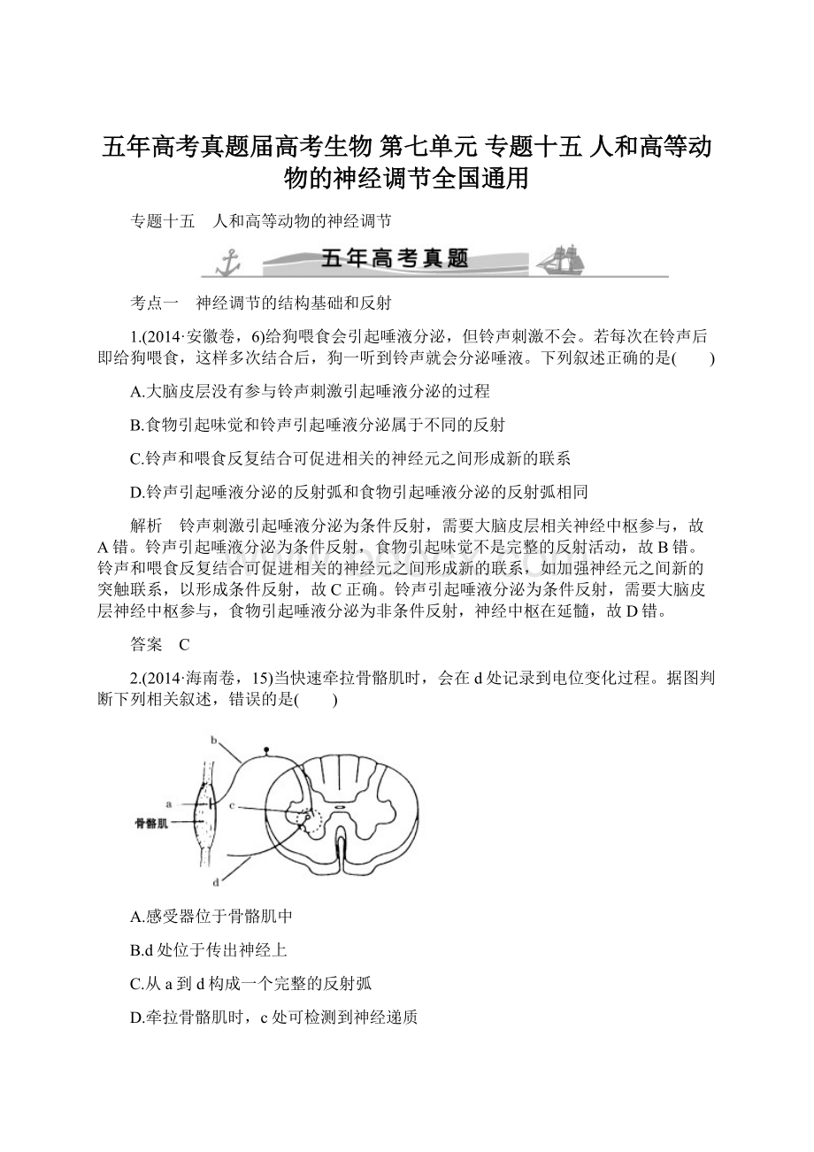 五年高考真题届高考生物 第七单元 专题十五 人和高等动物的神经调节全国通用Word文件下载.docx_第1页