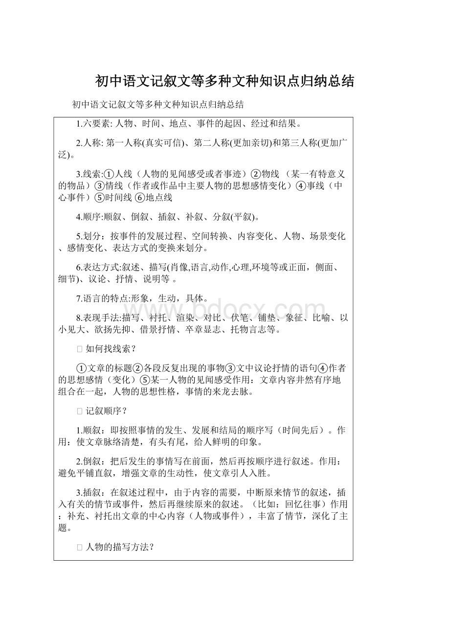 初中语文记叙文等多种文种知识点归纳总结.docx_第1页