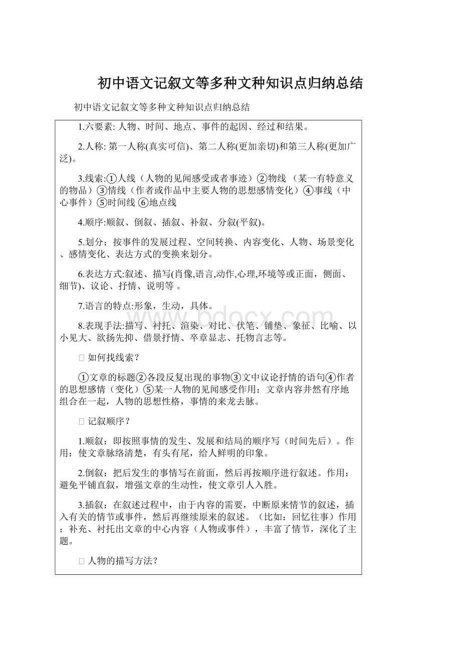 初中语文记叙文等多种文种知识点归纳总结.docx