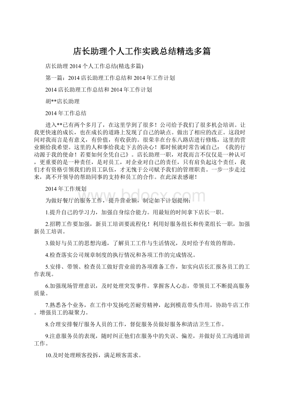 店长助理个人工作实践总结精选多篇Word文档下载推荐.docx