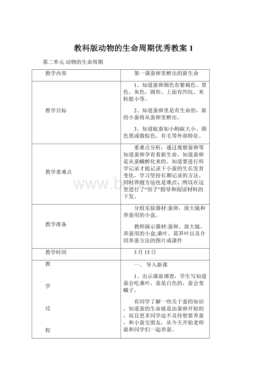 教科版动物的生命周期优秀教案1.docx_第1页