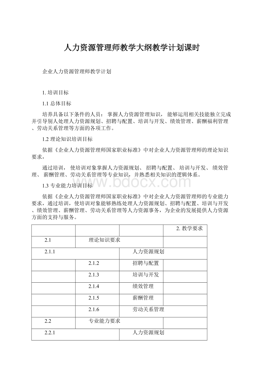 人力资源管理师教学大纲教学计划课时Word文档格式.docx