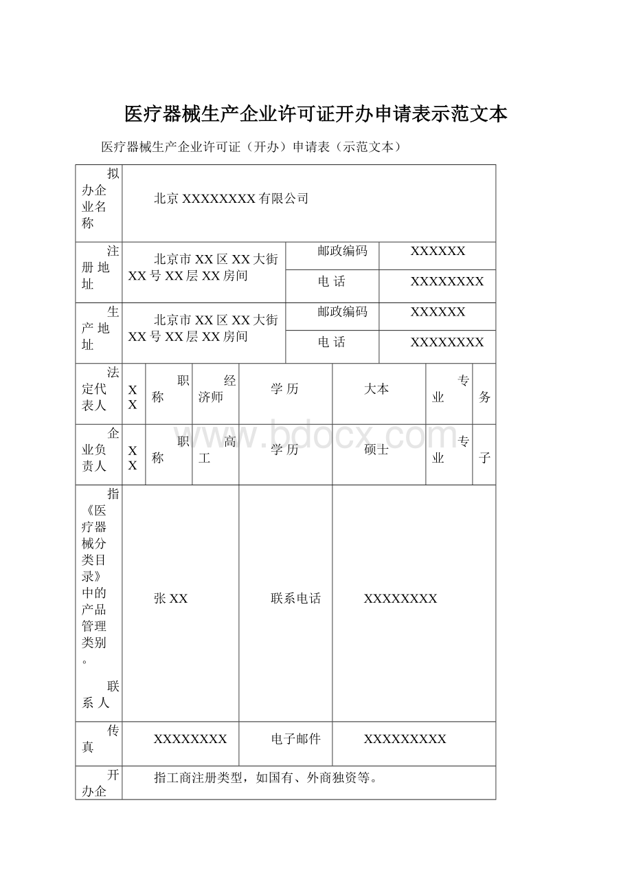 医疗器械生产企业许可证开办申请表示范文本Word格式.docx