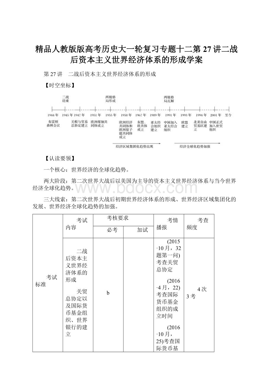 精品人教版版高考历史大一轮复习专题十二第27讲二战后资本主义世界经济体系的形成学案.docx