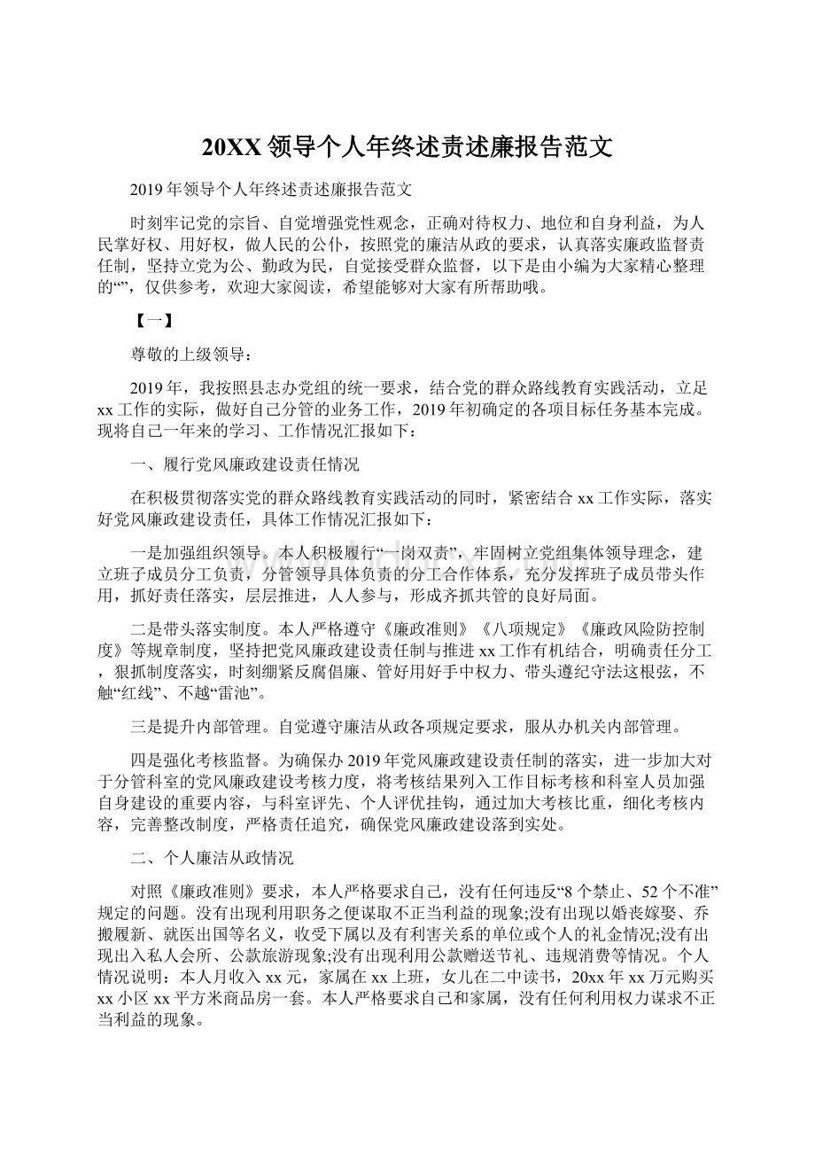 20XX领导个人年终述责述廉报告范文Word格式文档下载.docx