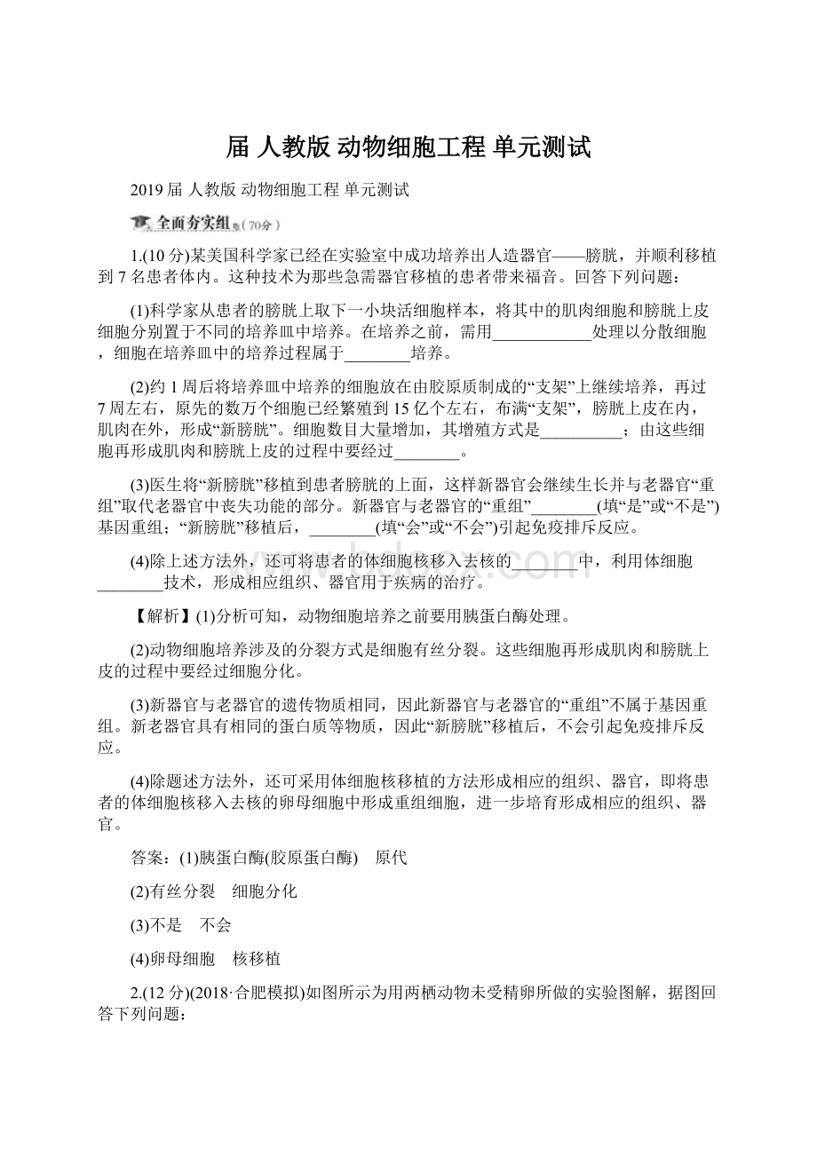 届人教版动物细胞工程 单元测试Word文档格式.docx_第1页